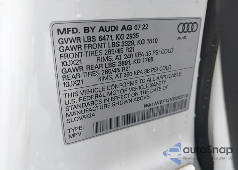 2022 Audi Q8 Premium 55 Tfsi Quattro Tiptronic z USA, uszkodzony, nr VIN WA1AVBF12ND033710